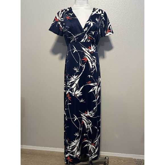 VTG McInerny Hawaiian Floral Bamboo Maxi Dress Hawaii Luau Aloha Blue M‎ 6-8 - Picture 1 of 10